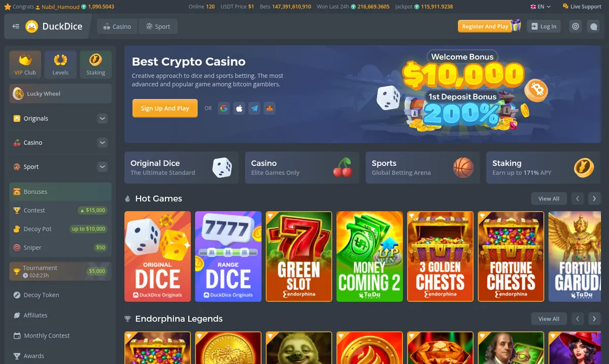 El lobby de DuckDice con sus juegos propios arriba