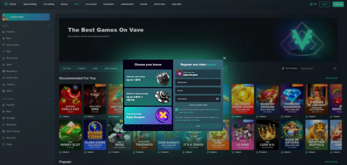 El lobby de Vave con el panel de bonos abierto