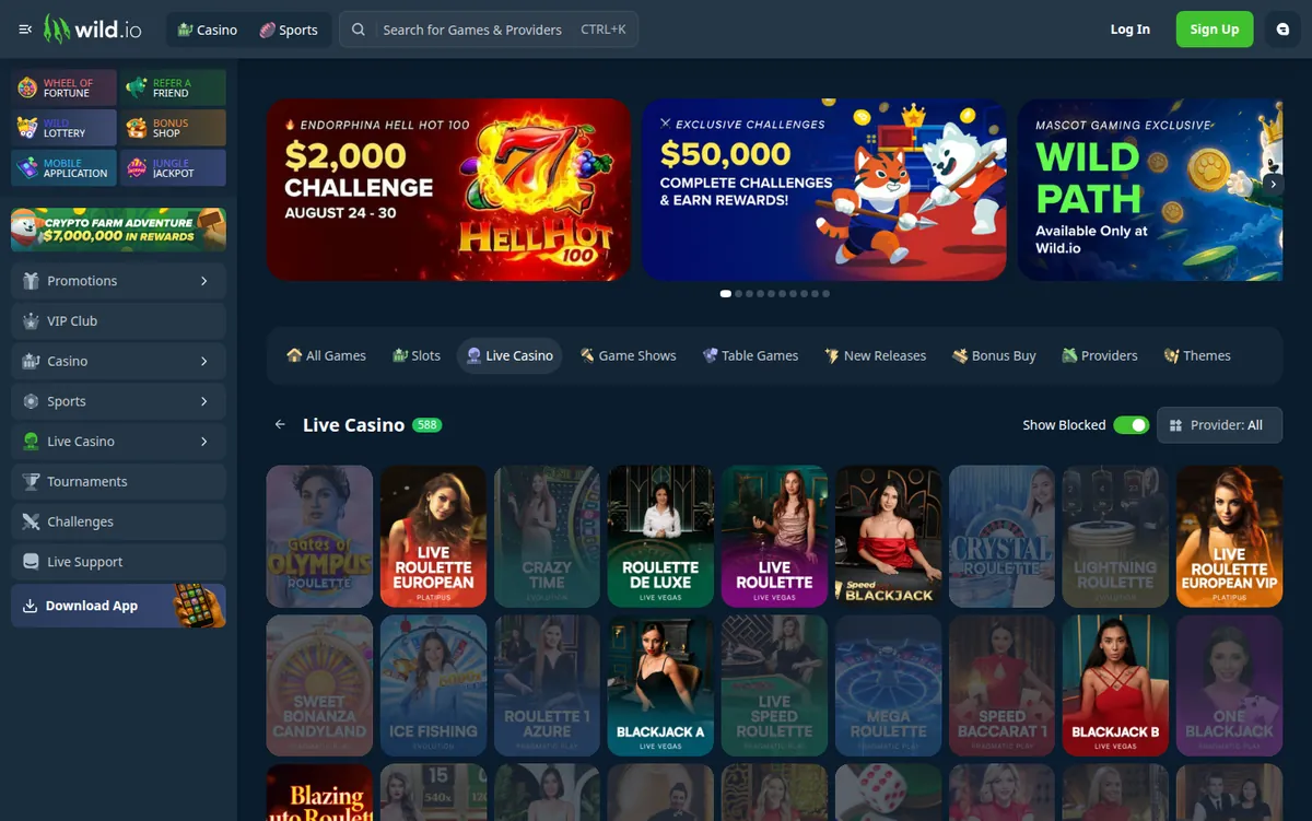 El casino en vivo de Wild.io, 588 mesas, casi toda la primera fila de ruleta